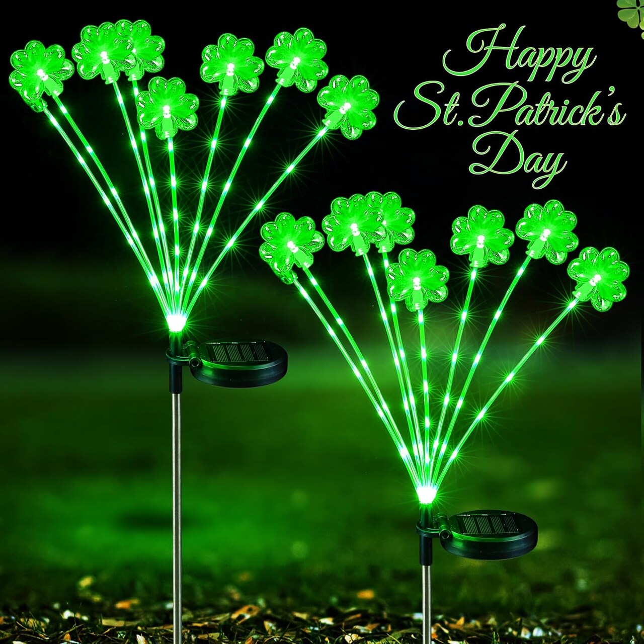 Solar St Patrick’s Day Decorations Outdoor, 2 Packs Solar Shamrock Path Lights with Stainless Steel Stakes, Waterproof Green Lucky Clover Lights for Garden Patio Yard Irish St Patrick's Day Décor